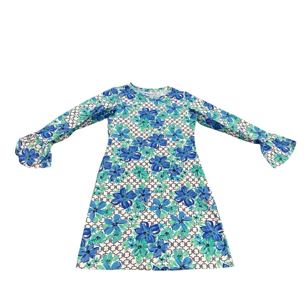 IBKUL Pippa‎ Bell Sleeve Crew Neck Dress Blue Green Floral Print Womens XS